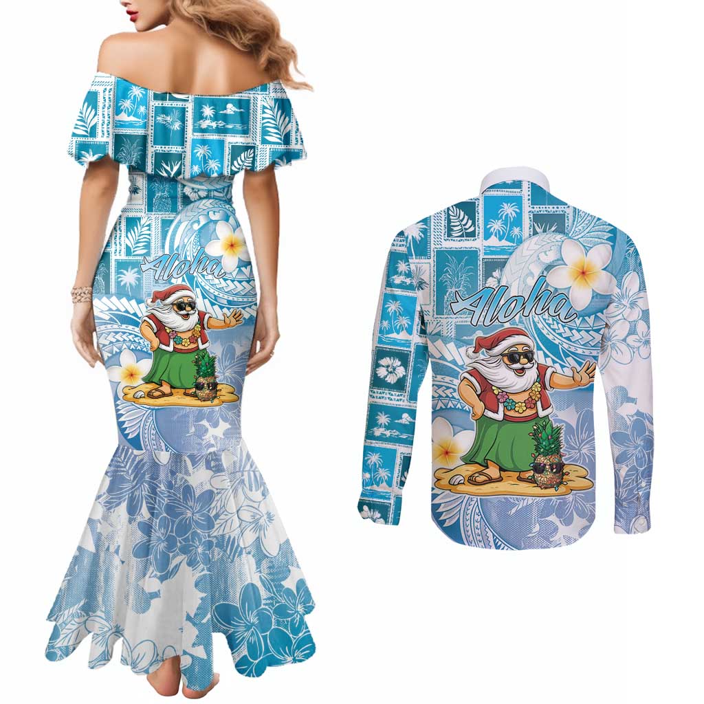 Hawaii Mele Kalikimaka Couples Matching Mermaid Dress and Long Sleeve Button Shirt Hula Santa Retro Style Blue - Polynesian Pride