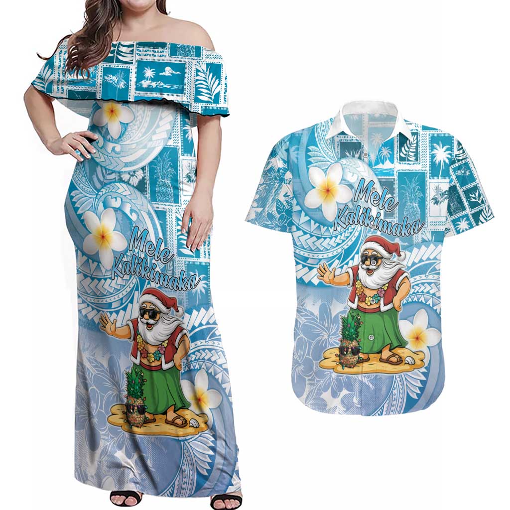 Hawaii Mele Kalikimaka Couples Matching Off Shoulder Maxi Dress and Hawaiian Shirt Hula Santa Retro Style Blue - Polynesian Pride