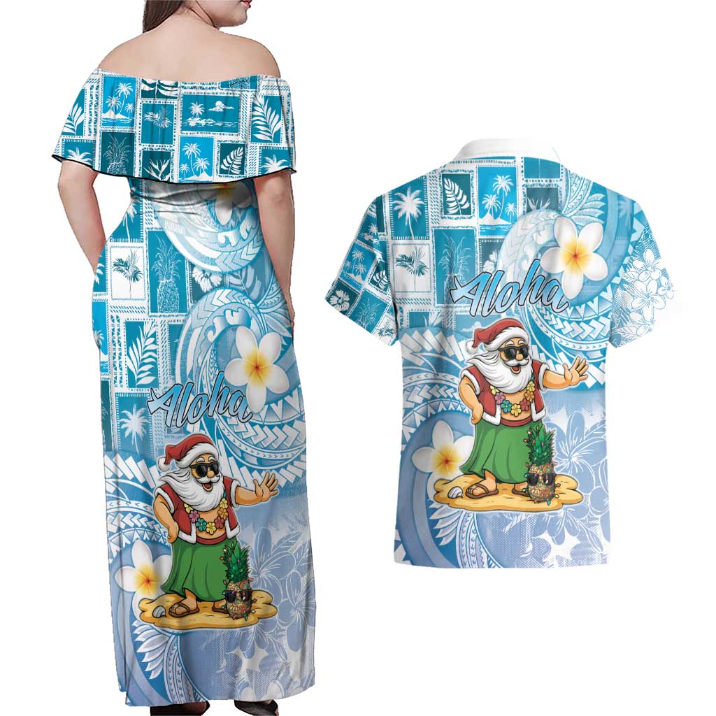 Hawaii Mele Kalikimaka Couples Matching Off Shoulder Maxi Dress and Hawaiian Shirt Hula Santa Retro Style Blue - Polynesian Pride