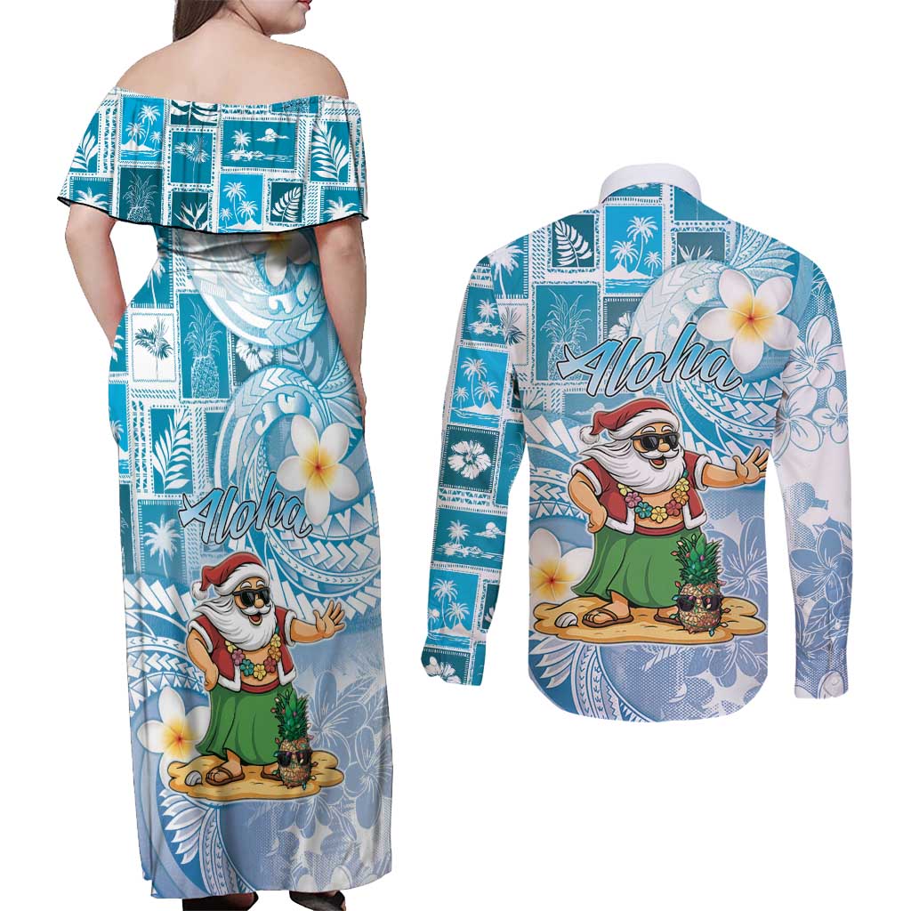 Hawaii Mele Kalikimaka Couples Matching Off Shoulder Maxi Dress and Long Sleeve Button Shirt Hula Santa Retro Style Blue - Polynesian Pride