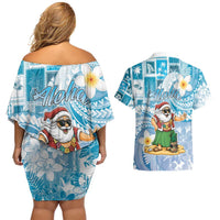 Hawaii Mele Kalikimaka Couples Matching Off Shoulder Short Dress and Hawaiian Shirt Hula Santa Retro Style Blue - Polynesian Pride