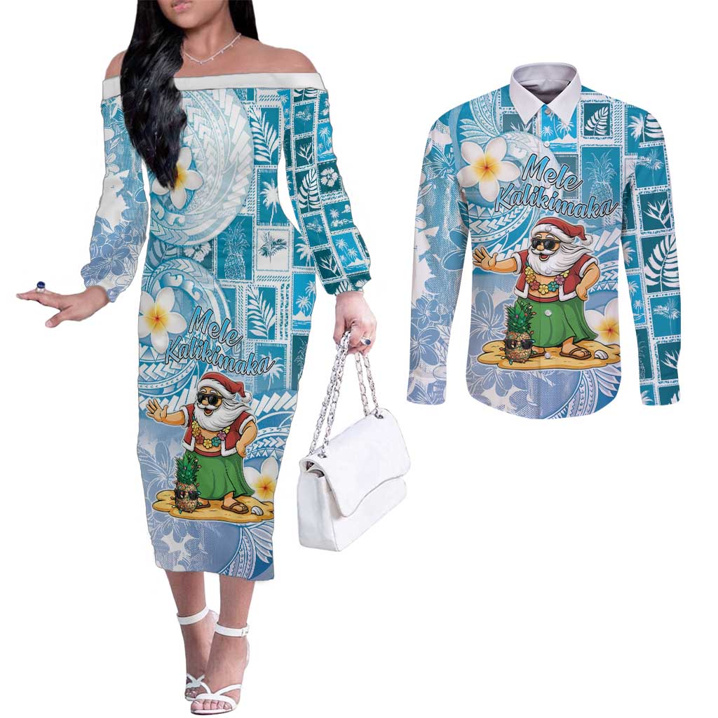 Hawaii Mele Kalikimaka Couples Matching Off The Shoulder Long Sleeve Dress and Long Sleeve Button Shirt Hula Santa Retro Style Blue - Polynesian Pride