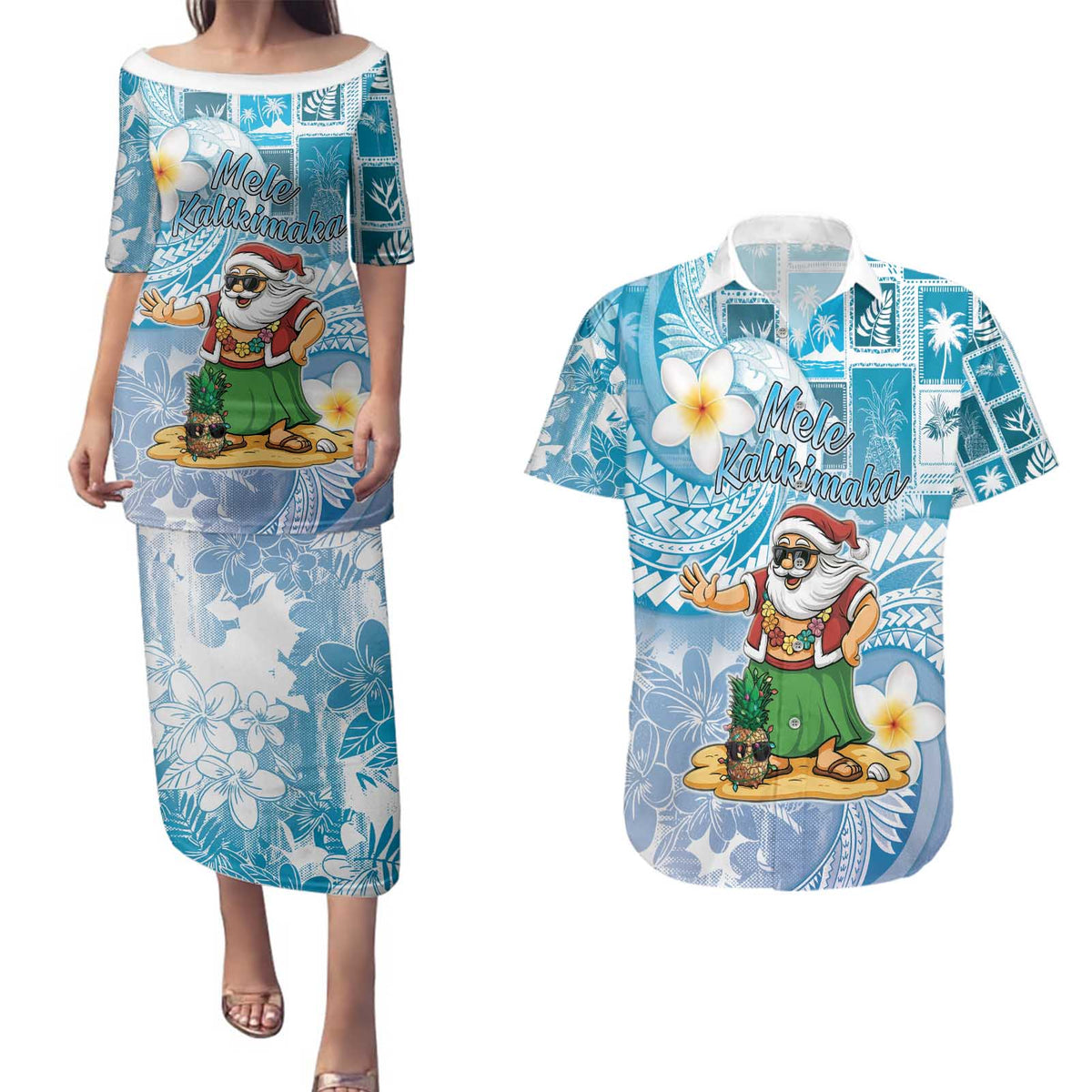 Hawaii Mele Kalikimaka Couples Matching Puletasi and Hawaiian Shirt Hula Santa Retro Style Blue LT05 Blue - Polynesian Pride