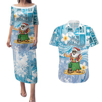 Hawaii Mele Kalikimaka Couples Matching Puletasi and Hawaiian Shirt Hula Santa Retro Style Blue LT05 Blue - Polynesian Pride