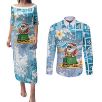 Hawaii Mele Kalikimaka Couples Matching Puletasi and Long Sleeve Button Shirt Hula Santa Retro Style Blue - Polynesian Pride