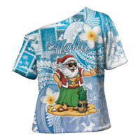 Hawaii Mele Kalikimaka Cross Shoulder Shirt Hula Santa Retro Style Blue - Polynesian Pride