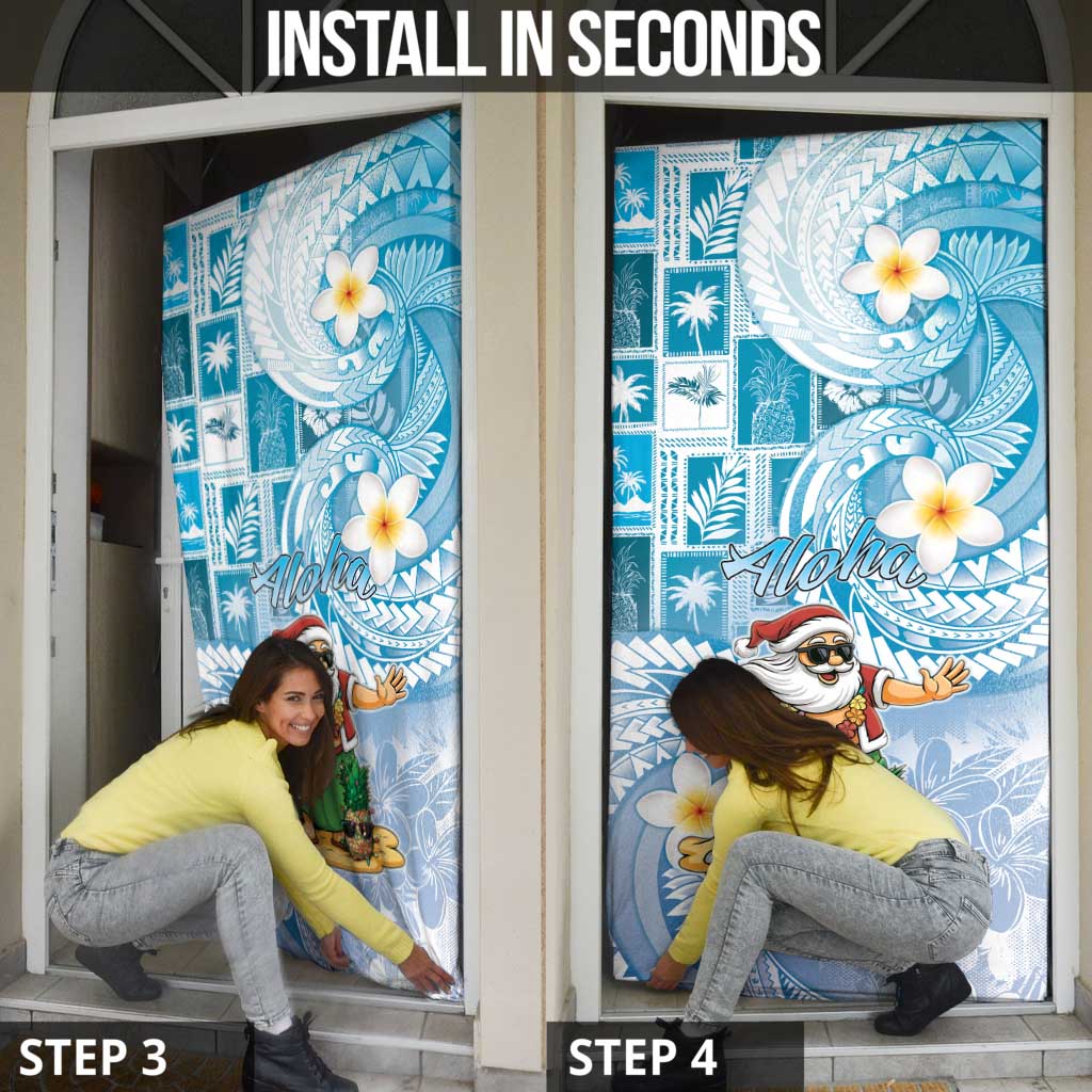 Hawaii Mele Kalikimaka Door Cover Hula Santa Retro Style Blue - Polynesian Pride