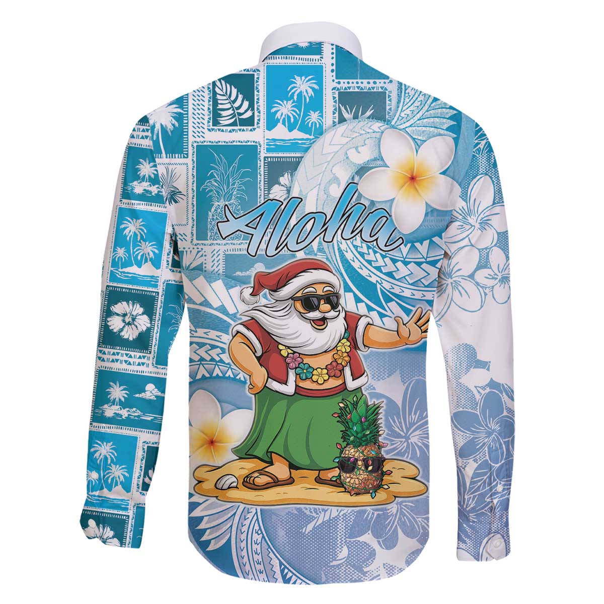 Hawaii Mele Kalikimaka Family Matching Off The Shoulder Long Sleeve Dress and Hawaiian Shirt Hula Santa Retro Style Blue - Polynesian Pride