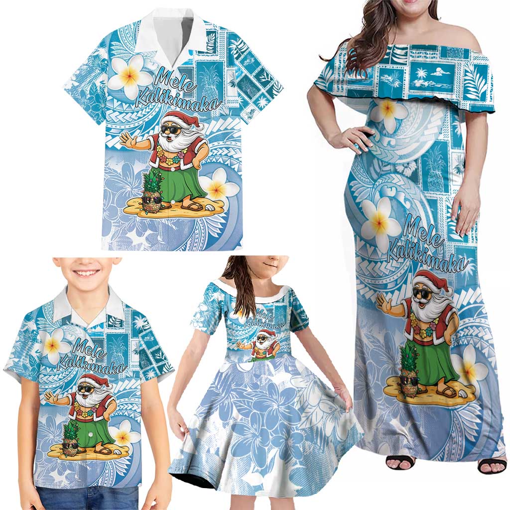 Hawaii Mele Kalikimaka Family Matching Off Shoulder Maxi Dress and Hawaiian Shirt Hula Santa Retro Style Blue - Polynesian Pride