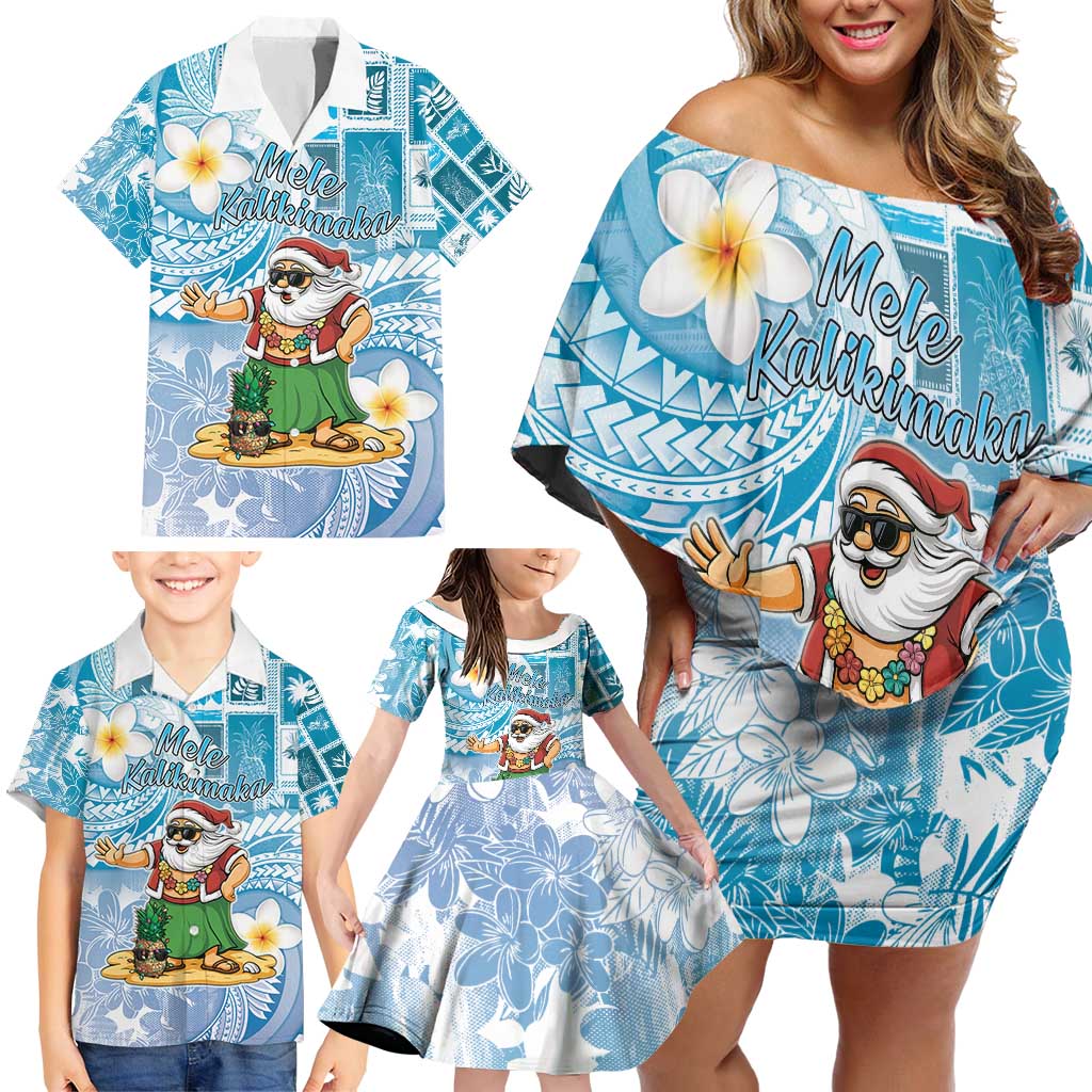Hawaii Mele Kalikimaka Family Matching Off Shoulder Short Dress and Hawaiian Shirt Hula Santa Retro Style Blue - Polynesian Pride