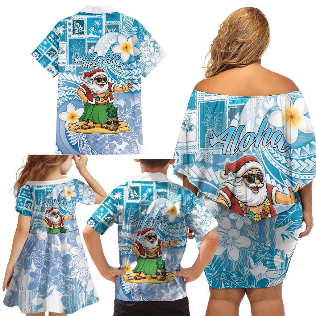 Hawaii Mele Kalikimaka Family Matching Off Shoulder Short Dress and Hawaiian Shirt Hula Santa Retro Style Blue - Polynesian Pride