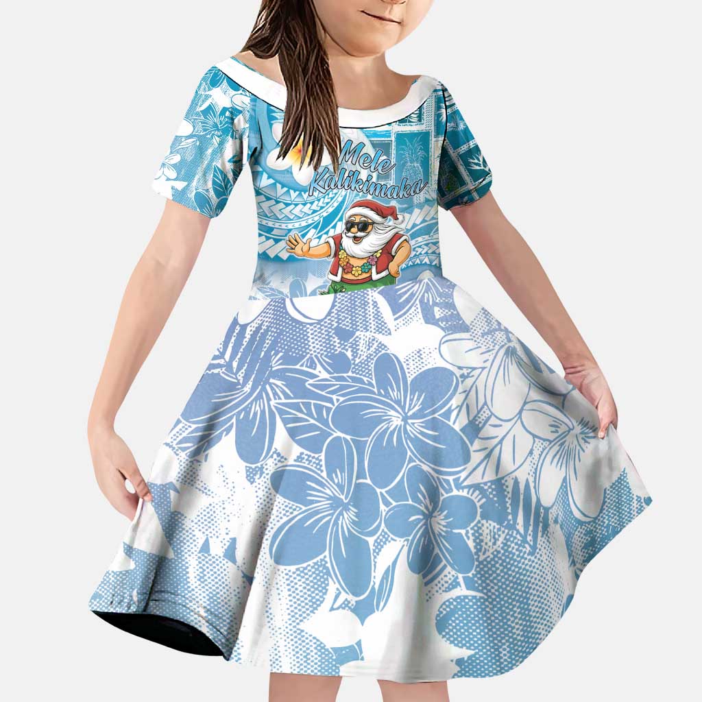 Hawaii Mele Kalikimaka Family Matching Puletasi and Hawaiian Shirt Hula Santa Retro Style Blue LT05 Daughter's Dress Blue - Polynesian Pride