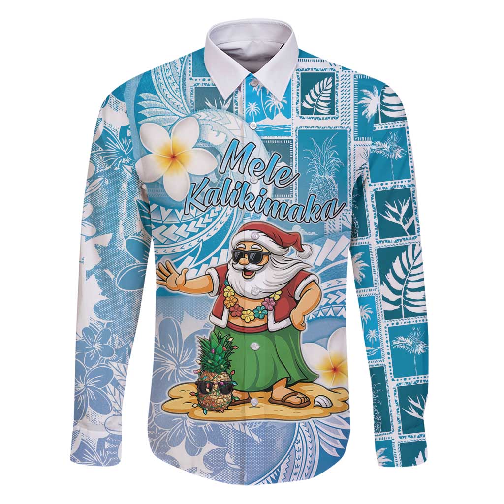 Hawaii Mele Kalikimaka Family Matching Puletasi and Hawaiian Shirt Hula Santa Retro Style Blue LT05 Dad's Shirt - Long Sleeve Blue - Polynesian Pride