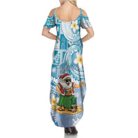 Hawaii Mele Kalikimaka Family Matching Summer Maxi Dress and Hawaiian Shirt Hula Santa Retro Style Blue - Polynesian Pride