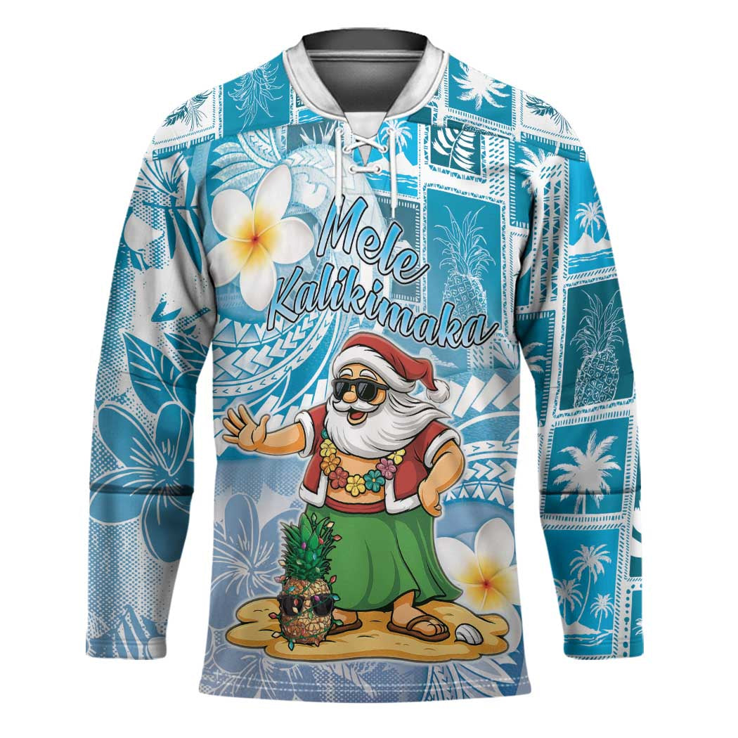 Hawaii Mele Kalikimaka Hockey Jersey Hula Santa Retro Style Blue - Polynesian Pride