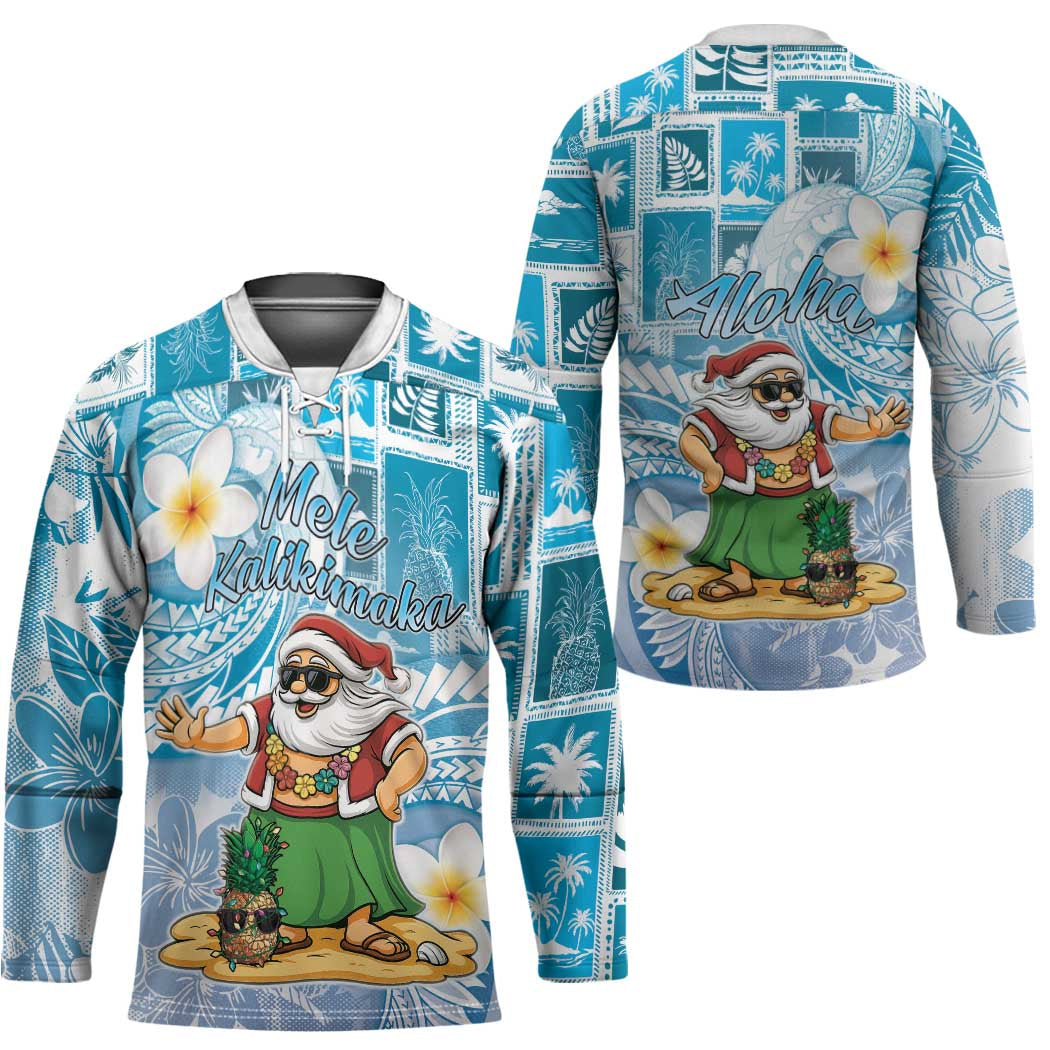 Hawaii Mele Kalikimaka Hockey Jersey Hula Santa Retro Style Blue - Polynesian Pride