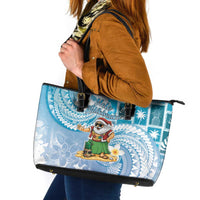 Hawaii Mele Kalikimaka Leather Tote Bag Hula Santa Retro Style Blue - Polynesian Pride