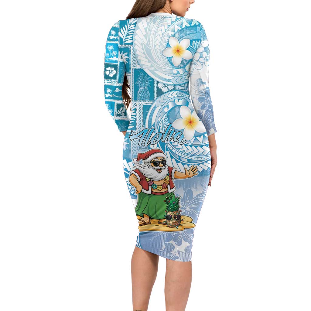 Hawaii Mele Kalikimaka Long Sleeve Bodycon Dress Hula Santa Retro Style Blue - Polynesian Pride