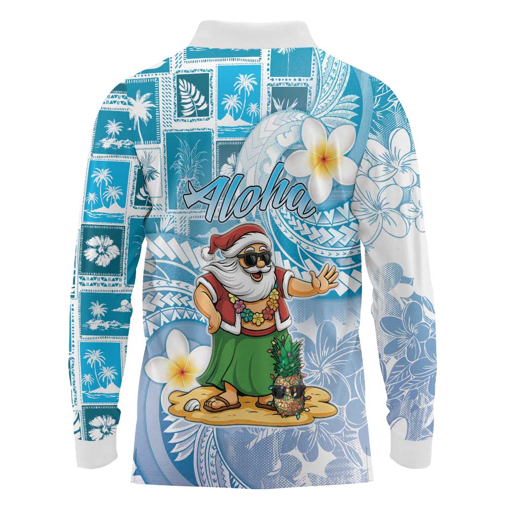 Hawaii Mele Kalikimaka Long Sleeve Polo Shirt Hula Santa Retro Style Blue - Polynesian Pride