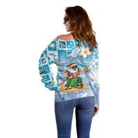 Hawaii Mele Kalikimaka Off Shoulder Sweater Hula Santa Retro Style Blue - Polynesian Pride
