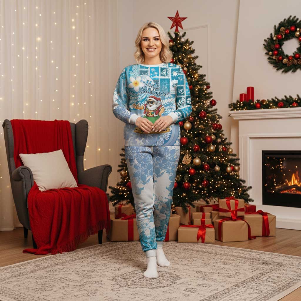 Hawaii Mele Kalikimaka Christmas Pajama Set Hula Santa Retro Style Blue - Polynesian Pride