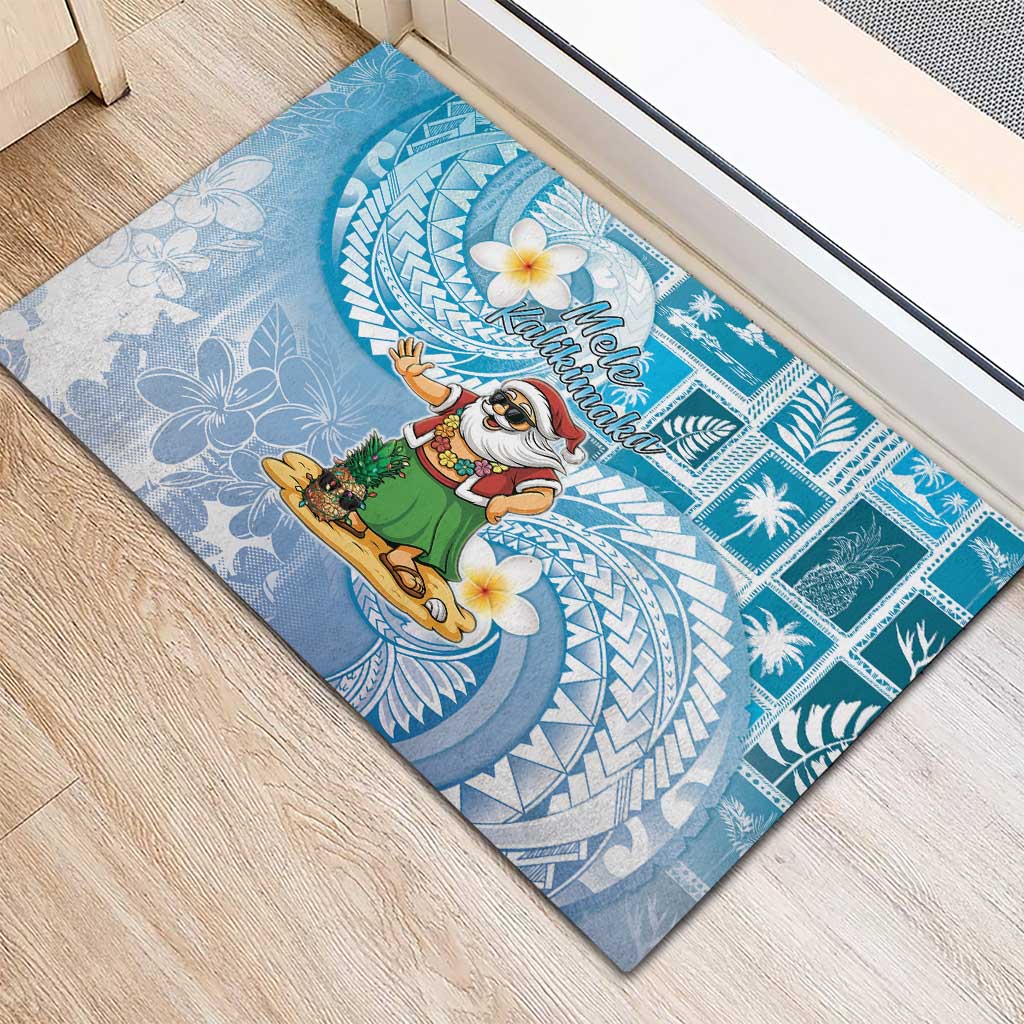 Hawaii Mele Kalikimaka Rubber Doormat Hula Santa Retro Style Blue - Polynesian Pride