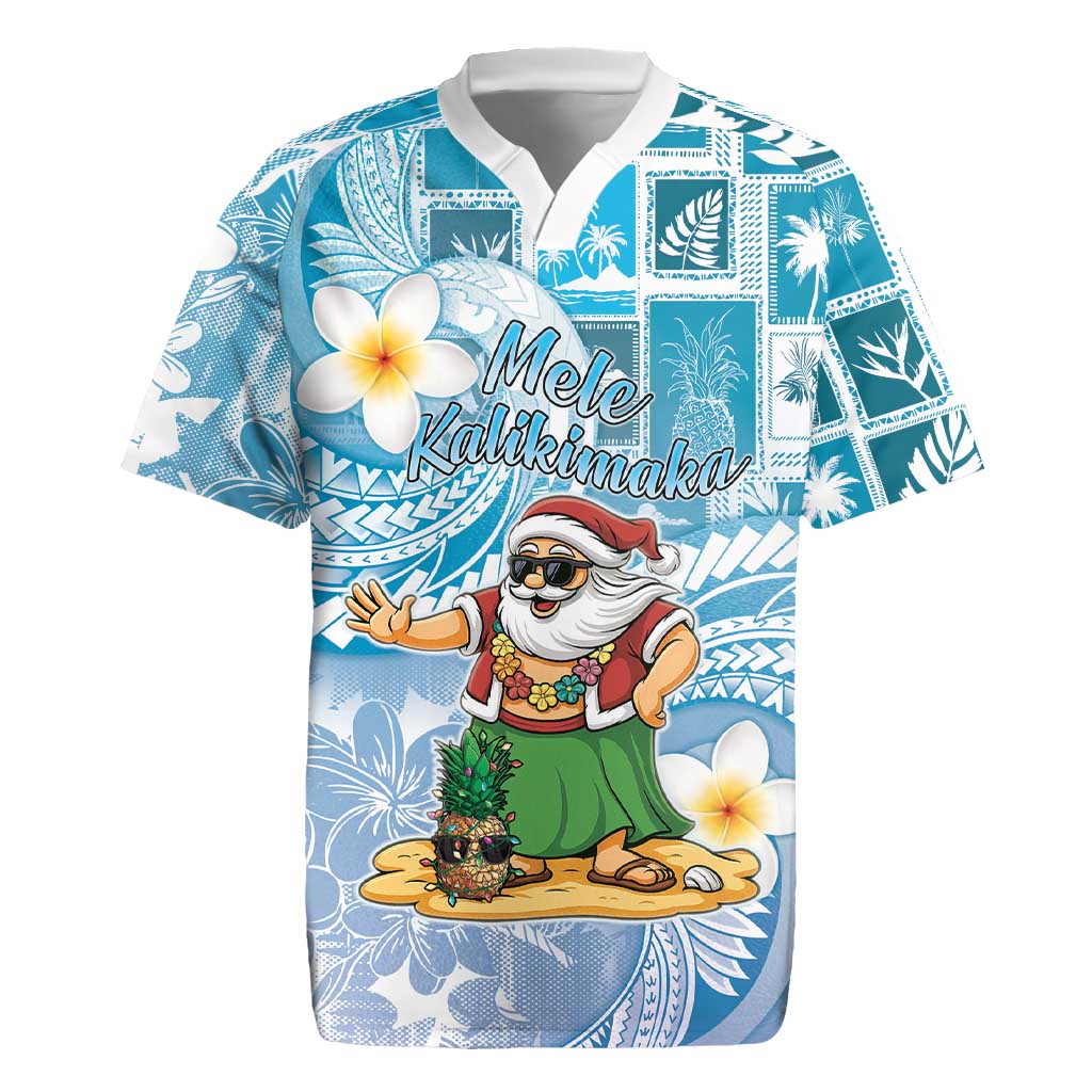 Hawaii Mele Kalikimaka Rugby Jersey Hula Santa Retro Style Blue - Polynesian Pride