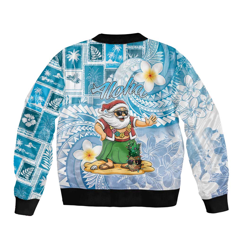 Hawaii Mele Kalikimaka Sleeve Zip Bomber Jacket Hula Santa Retro Style Blue - Polynesian Pride