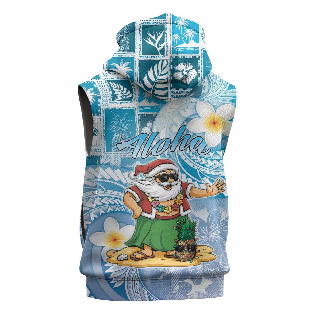 Hawaii Mele Kalikimaka Sleeveless Hoodie Hula Santa Retro Style Blue - Polynesian Pride