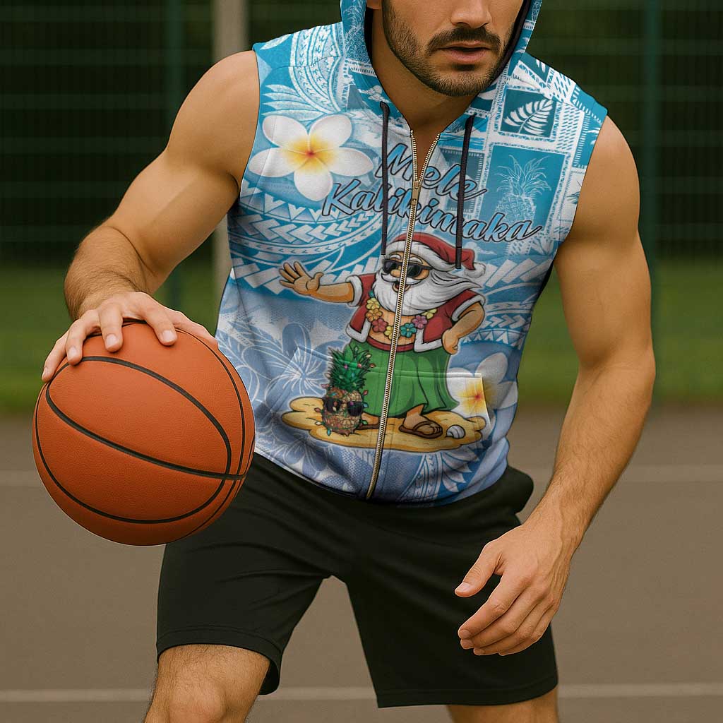 Hawaii Mele Kalikimaka Sleeveless Zip Hoodie Hula Santa Retro Style Blue - Polynesian Pride