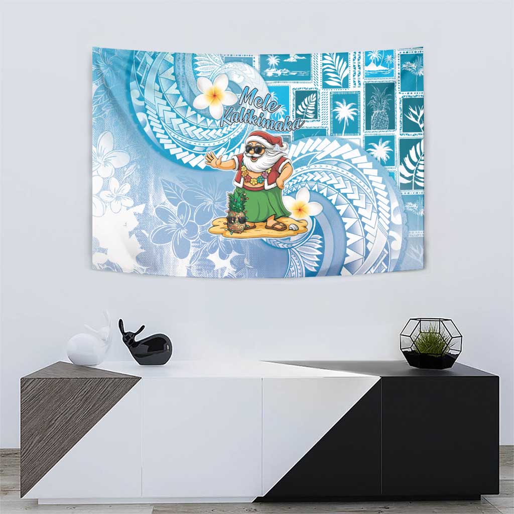 Hawaii Mele Kalikimaka Tapestry Hula Santa Retro Style Blue - Polynesian Pride