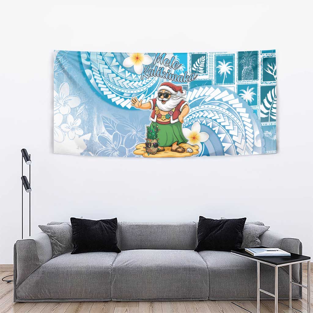 Hawaii Mele Kalikimaka Tapestry Hula Santa Retro Style Blue - Polynesian Pride