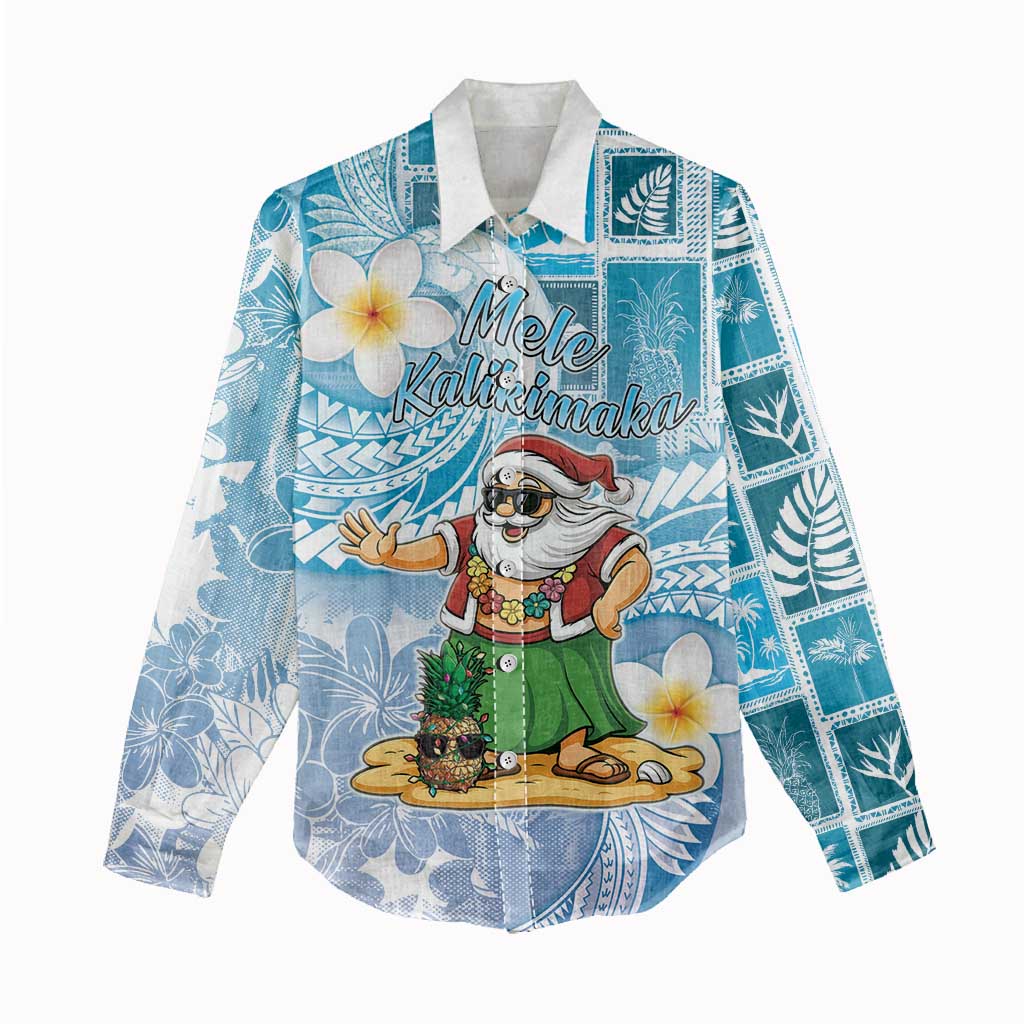 Hawaii Mele Kalikimaka Women Casual Shirt Hula Santa Retro Style Blue - Polynesian Pride