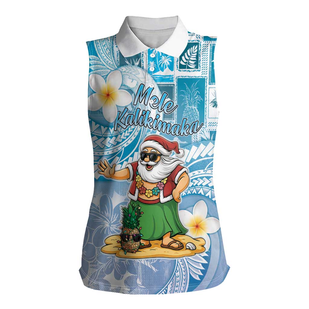 Hawaii Mele Kalikimaka Women Sleeveless Polo Shirt Hula Santa Retro Style Blue - Polynesian Pride