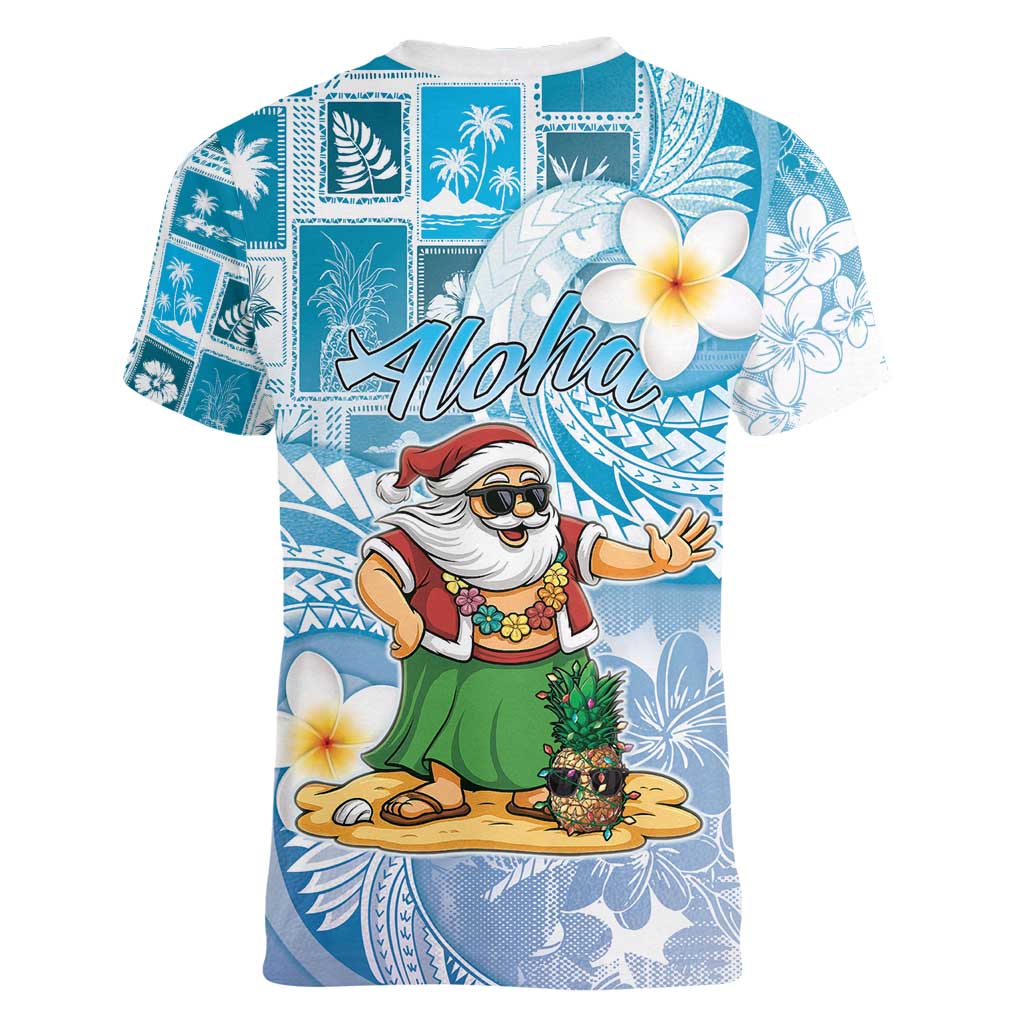 Hawaii Mele Kalikimaka Women V-Neck T-Shirt Hula Santa Retro Style Blue - Polynesian Pride