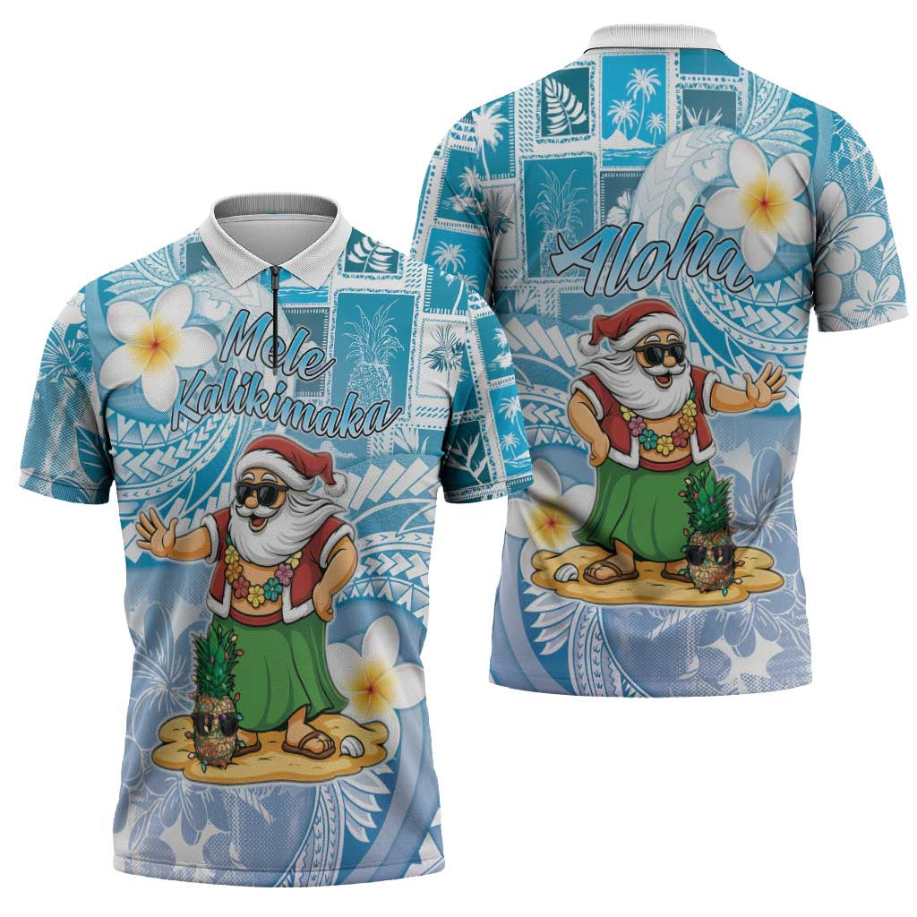 Hawaii Mele Kalikimaka Zipper Polo Shirt Hula Santa Retro Style Blue - Polynesian Pride