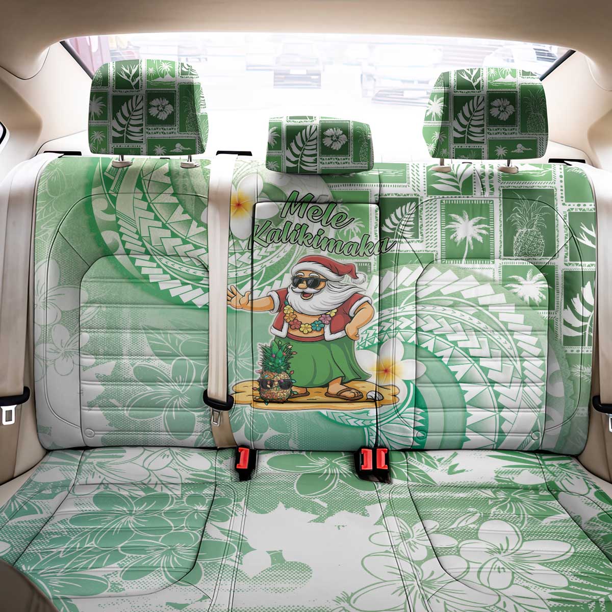Hawaii Mele Kalikimaka Back Car Seat Cover Hula Santa Retro Style Green - Polynesian Pride