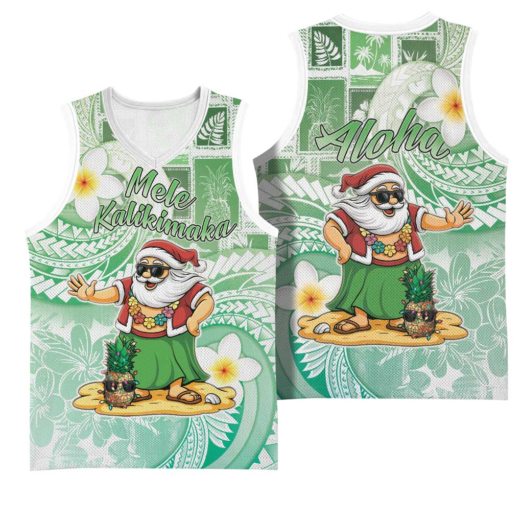 Hawaii Mele Kalikimaka Basketball Jersey Hula Santa Retro Style Green - Polynesian Pride