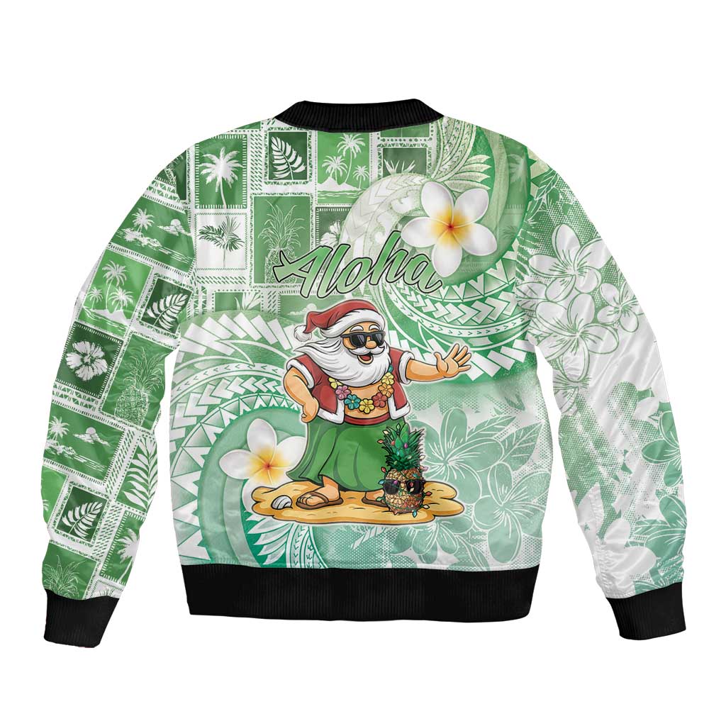 Hawaii Mele Kalikimaka Bomber Jacket Hula Santa Retro Style Green - Polynesian Pride