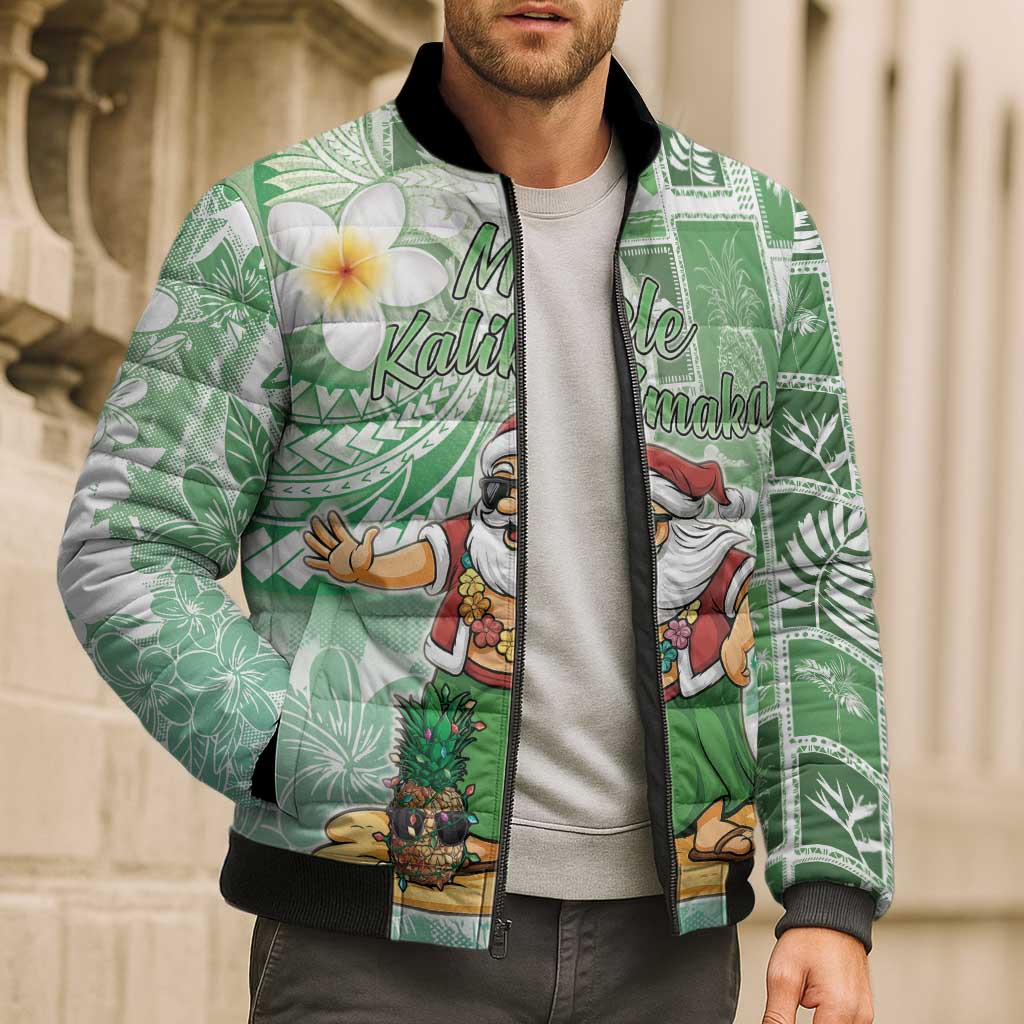 Hawaii Mele Kalikimaka Bomber Puffer Jacket Hula Santa Retro Style Green - Polynesian Pride