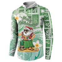 Hawaii Mele Kalikimaka Button Sweatshirt Hula Santa Retro Style Green - Polynesian Pride