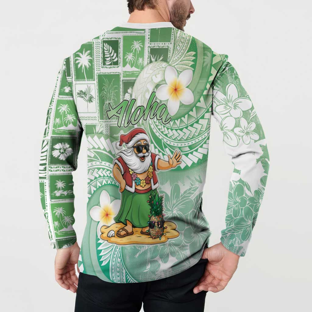 Hawaii Mele Kalikimaka Button Sweatshirt Hula Santa Retro Style Green - Polynesian Pride