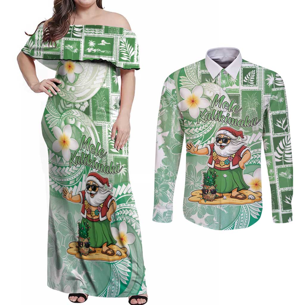 Hawaii Mele Kalikimaka Couples Matching Off Shoulder Maxi Dress and Long Sleeve Button Shirt Hula Santa Retro Style Green - Polynesian Pride