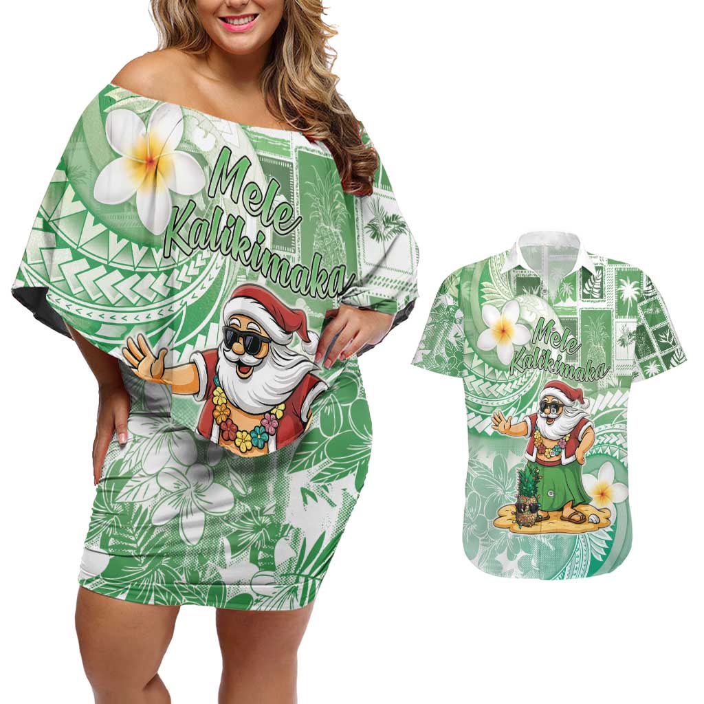 Hawaii Mele Kalikimaka Couples Matching Off Shoulder Short Dress and Hawaiian Shirt Hula Santa Retro Style Green - Polynesian Pride
