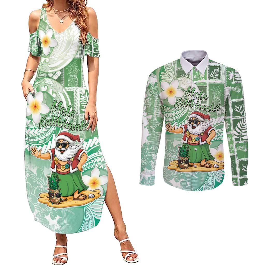 Hawaii Mele Kalikimaka Couples Matching Summer Maxi Dress and Long Sleeve Button Shirt Hula Santa Retro Style Green - Polynesian Pride