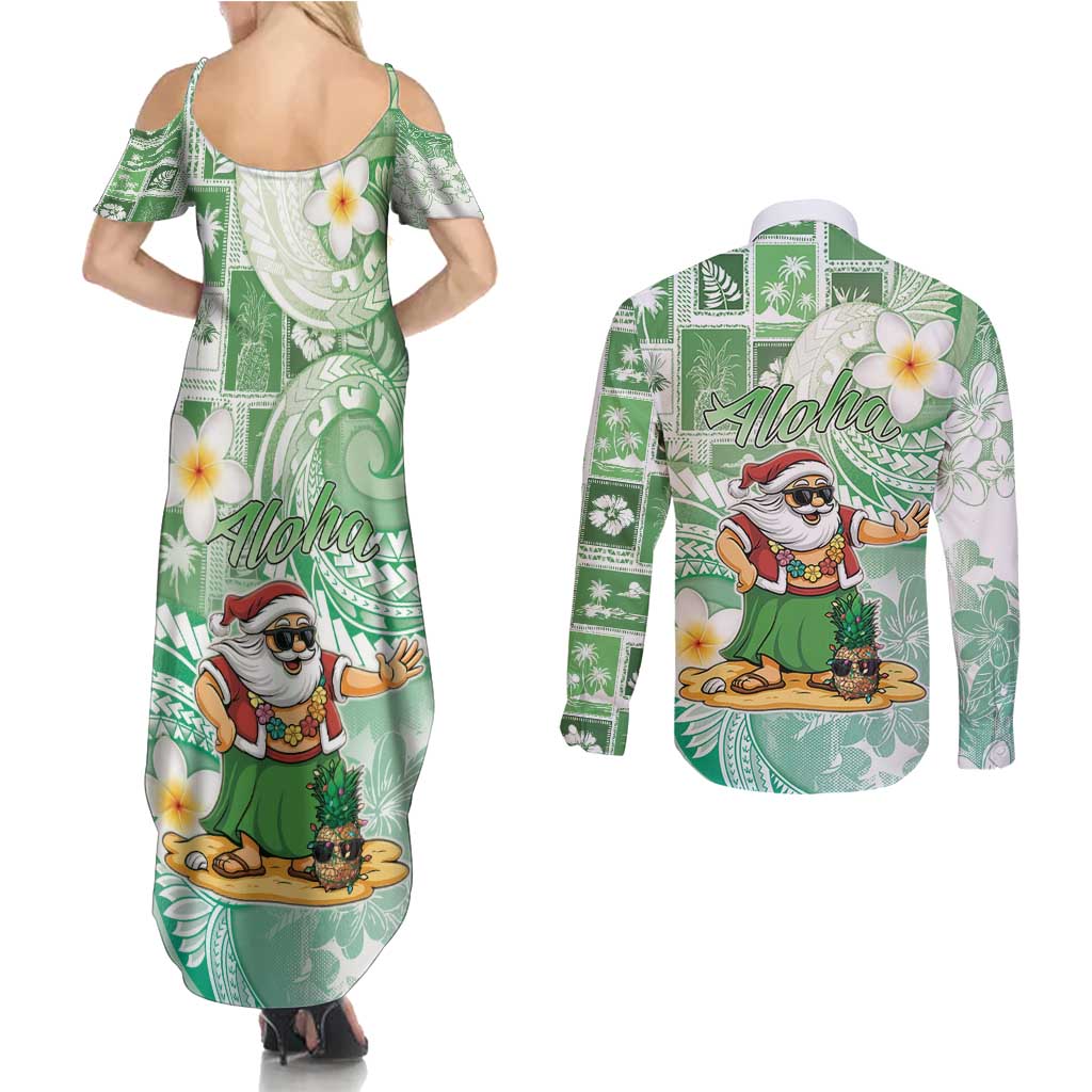 Hawaii Mele Kalikimaka Couples Matching Summer Maxi Dress and Long Sleeve Button Shirt Hula Santa Retro Style Green - Polynesian Pride