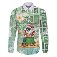 Hawaii Mele Kalikimaka Family Matching Off The Shoulder Long Sleeve Dress and Hawaiian Shirt Hula Santa Retro Style Green - Polynesian Pride