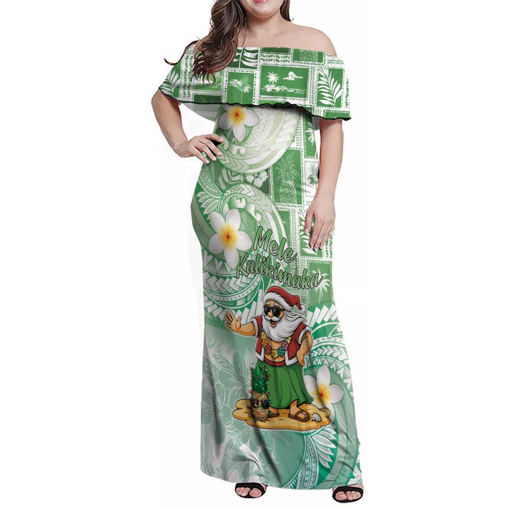 Hawaii Mele Kalikimaka Family Matching Off Shoulder Maxi Dress and Hawaiian Shirt Hula Santa Retro Style Green - Polynesian Pride