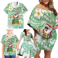 Hawaii Mele Kalikimaka Family Matching Off Shoulder Short Dress and Hawaiian Shirt Hula Santa Retro Style Green - Polynesian Pride