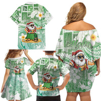 Hawaii Mele Kalikimaka Family Matching Off Shoulder Short Dress and Hawaiian Shirt Hula Santa Retro Style Green - Polynesian Pride